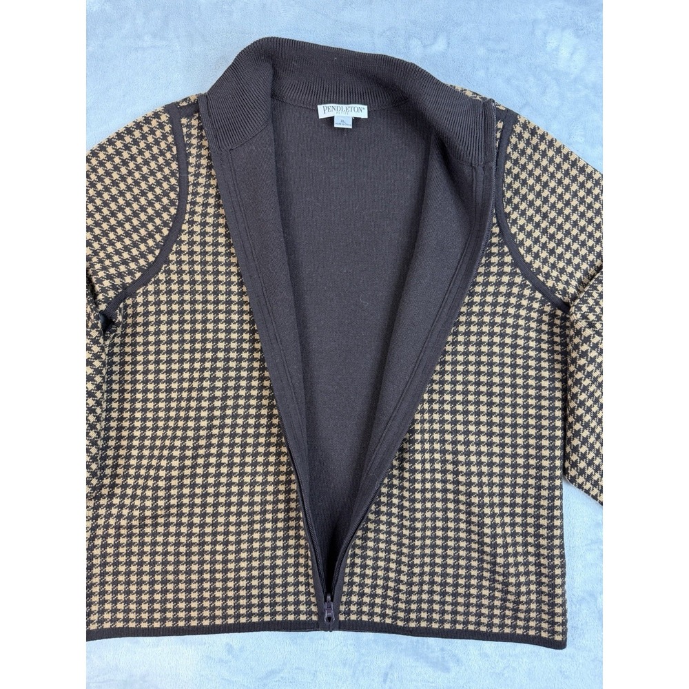 Pendleton Cardigan Womens XL Petite Brown Merino Wool Houndstooth Sweater - Picture 10 of 12